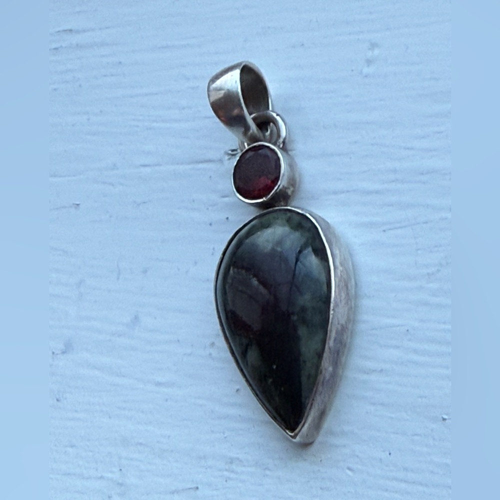 Sterling Silver Labradorite & Garnet Gemstone Double Drop Necklace Pendant